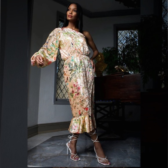 NWT HEMANT AND NANDITA Veena Dress in Nude Size Large One Shoulder Formal - Picture 3 of 14